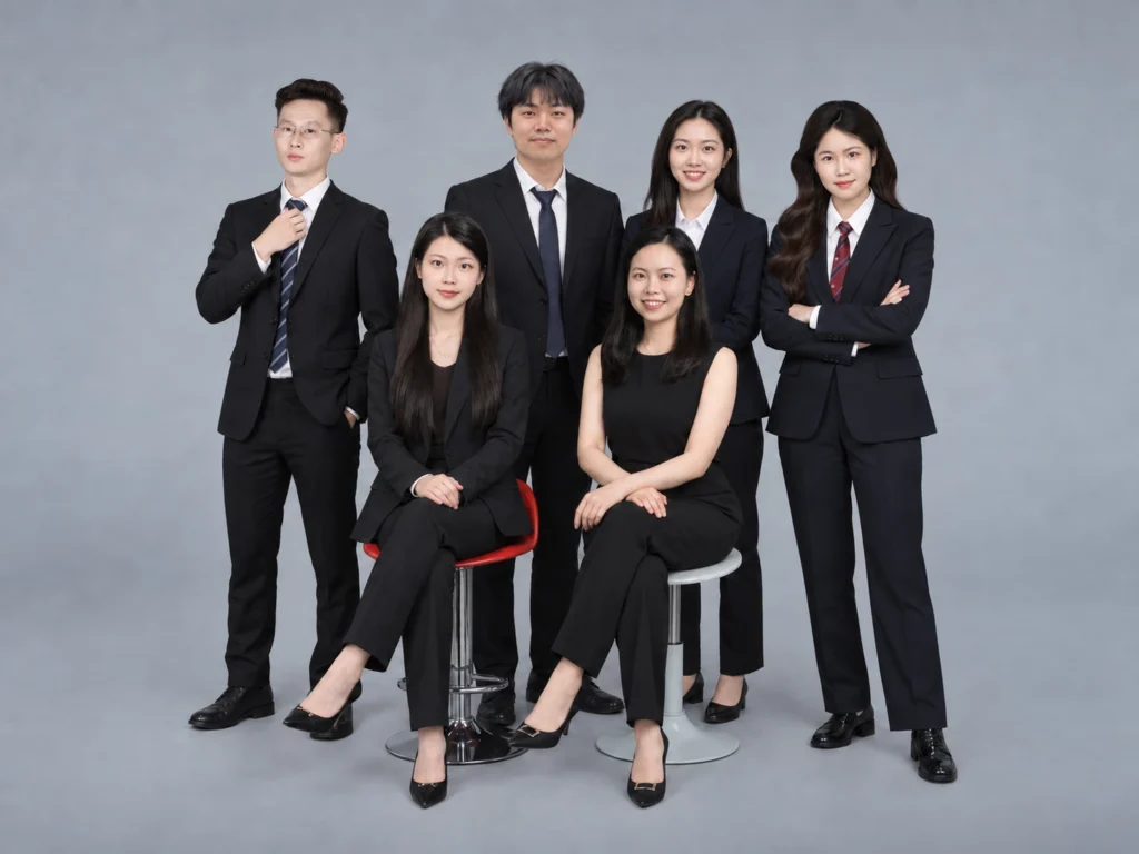 Group portrait of six Ecome overseas sales team members wearing formal business attire against a gray studio background.